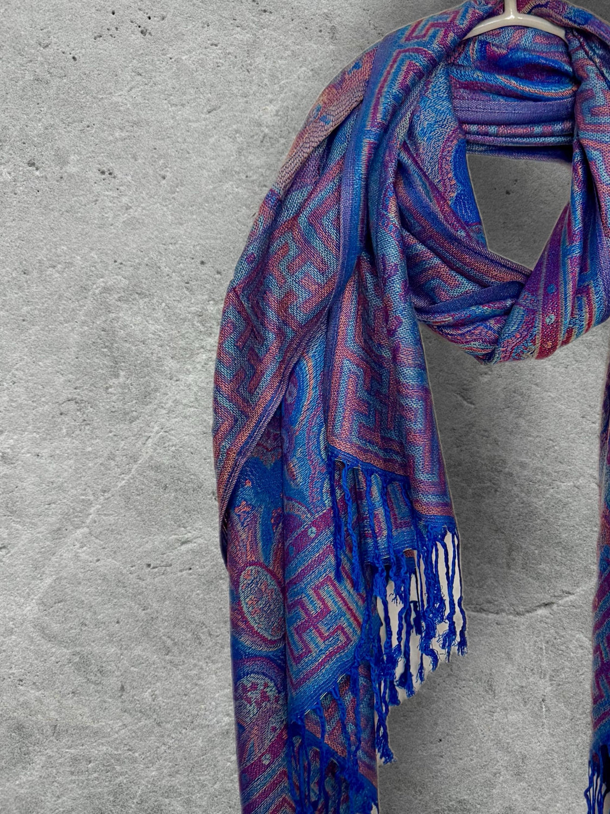 Royal Blue Purple Damask Autumn Winter Scarf, Cotton Viscose Pashmina Style Shawl for Women, Ideal Gifts for Her