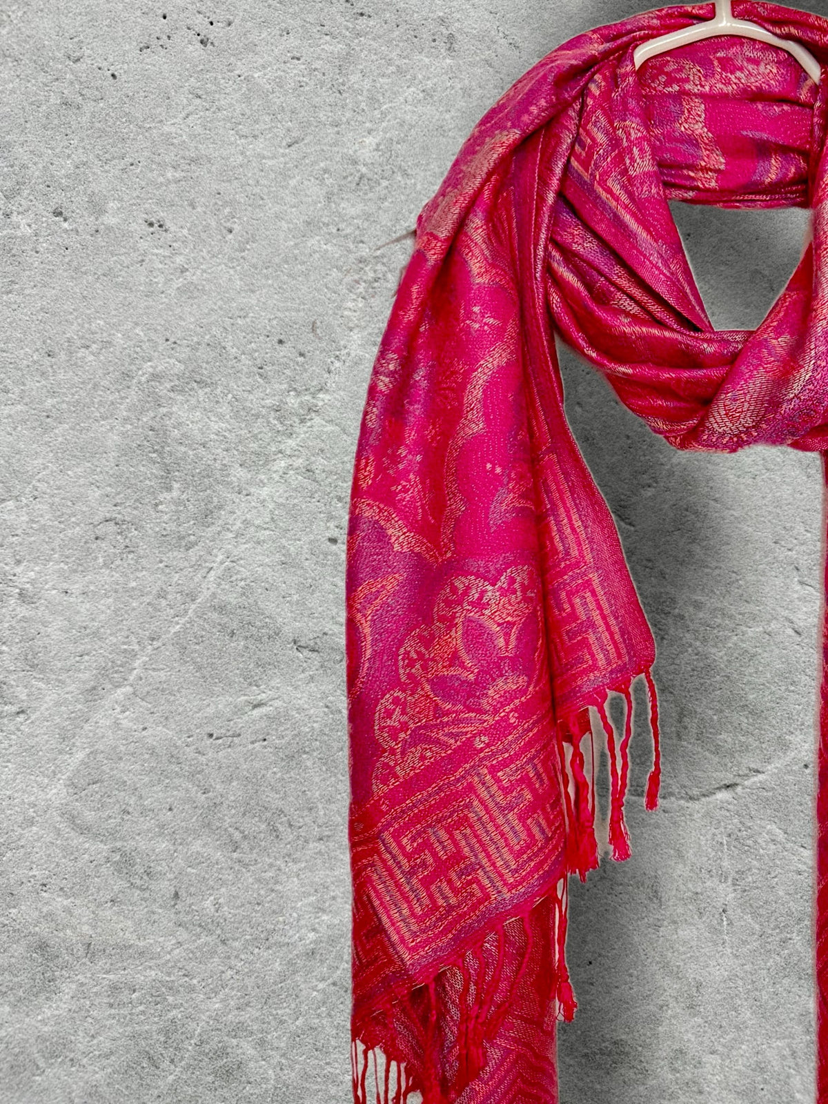 Fuchsia Pink Floral Autumn Winter Scarf, Cotton Viscose Blend Pashmina Style Fringed Women Shawl,Thoughtful Gifts for Her