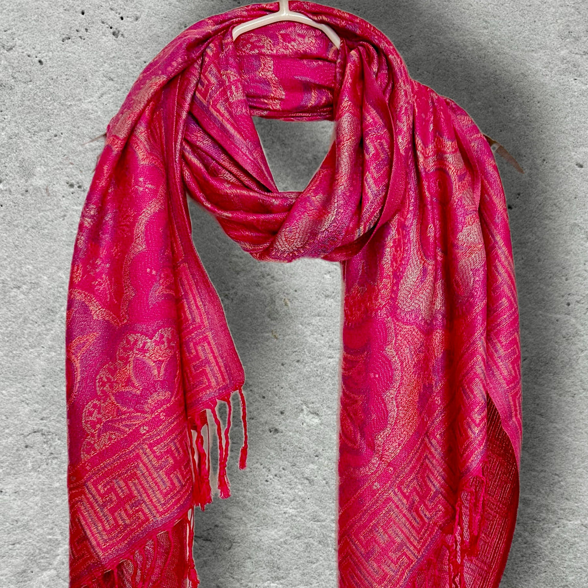 Fuchsia Pink Floral Autumn Winter Scarf, Cotton Viscose Blend Pashmina Style Fringed Women Shawl,Thoughtful Gifts for Her