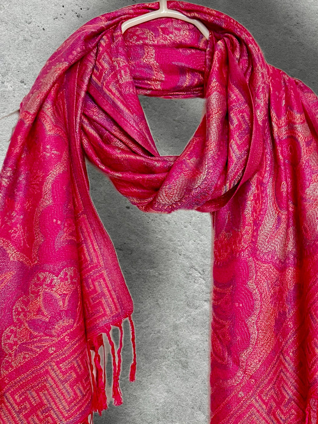 Fuchsia Pink Floral Autumn Winter Scarf, Cotton Viscose Blend Pashmina Style Fringed Women Shawl,Thoughtful Gifts for Her