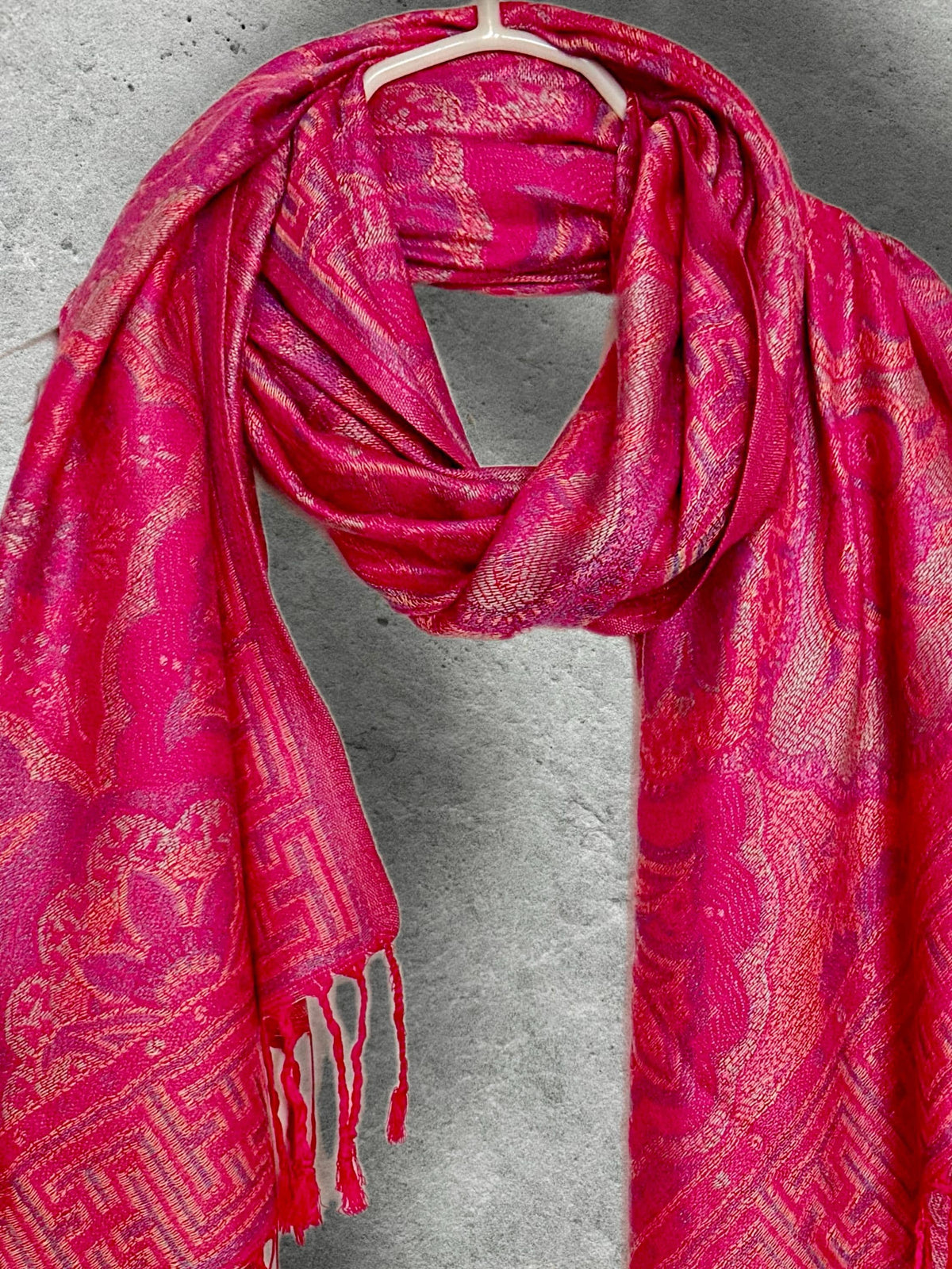 Fuchsia Pink Floral Autumn Winter Scarf, Cotton Viscose Blend Pashmina Style Fringed Women Shawl,Thoughtful Gifts for Her
