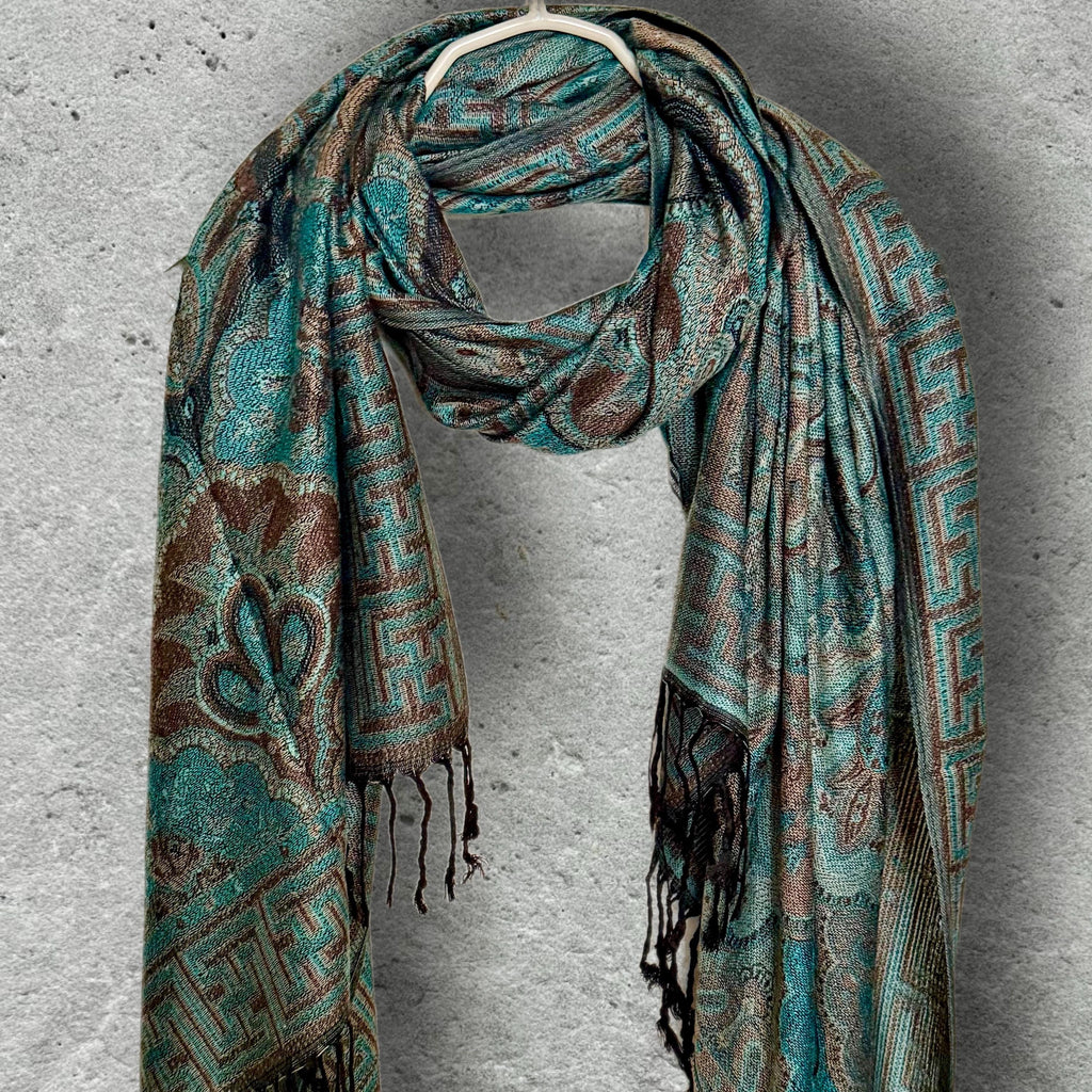 Aqua Brown Damask Autumn Winter Scarf, Cotton Viscose Blend Pashmina Style Wrap with Fringe, Thoughtful Gifts for Her