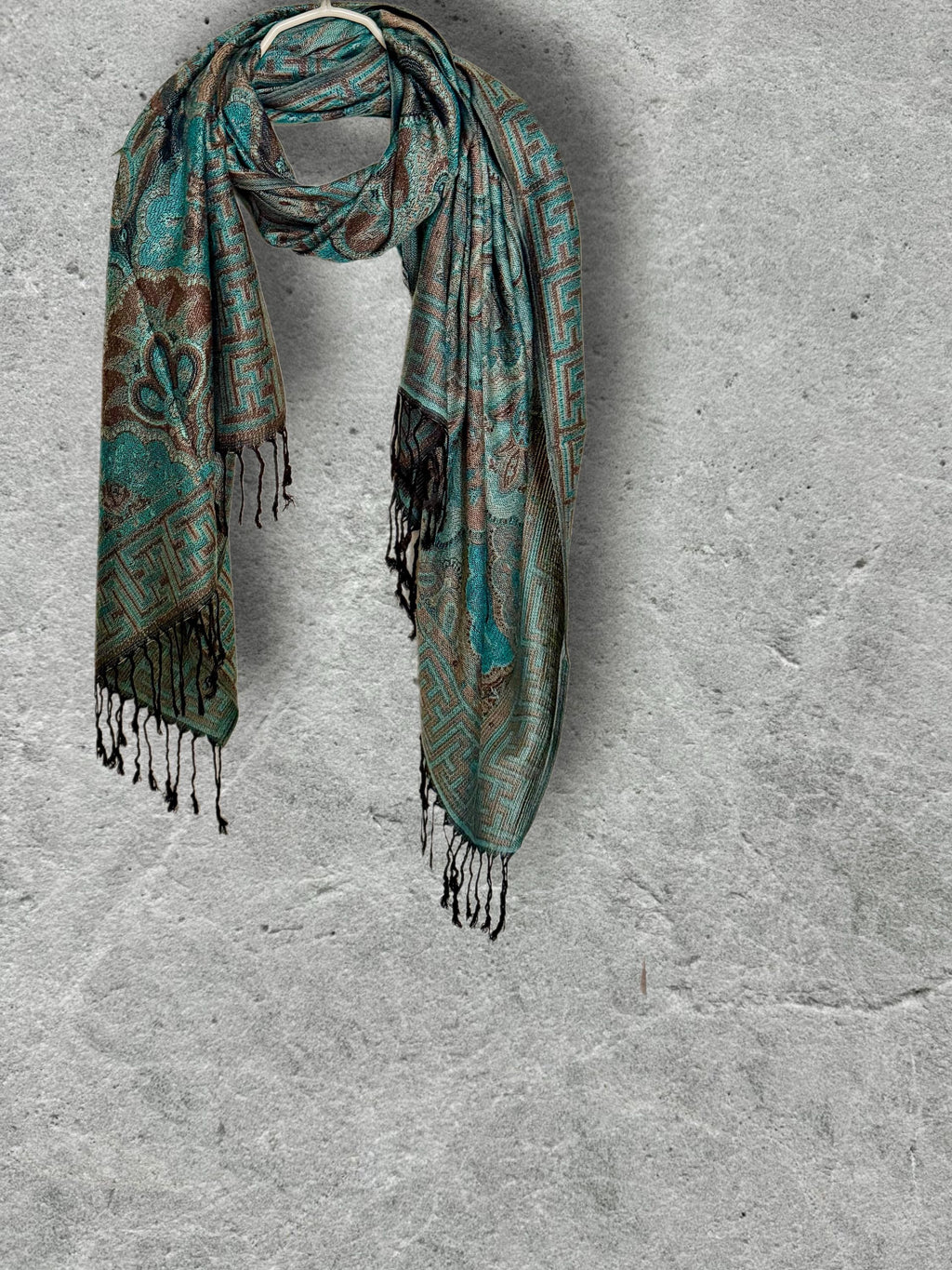 Aqua Brown Damask Autumn Winter Scarf, Cotton Viscose Blend Pashmina Style Wrap with Fringe, Thoughtful Gifts for Her
