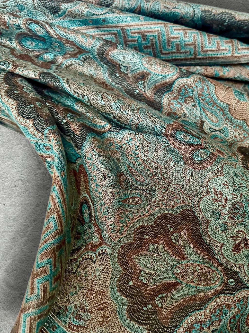 Aqua Brown Damask Autumn Winter Scarf, Cotton Viscose Blend Pashmina Style Wrap with Fringe, Thoughtful Gifts for Her