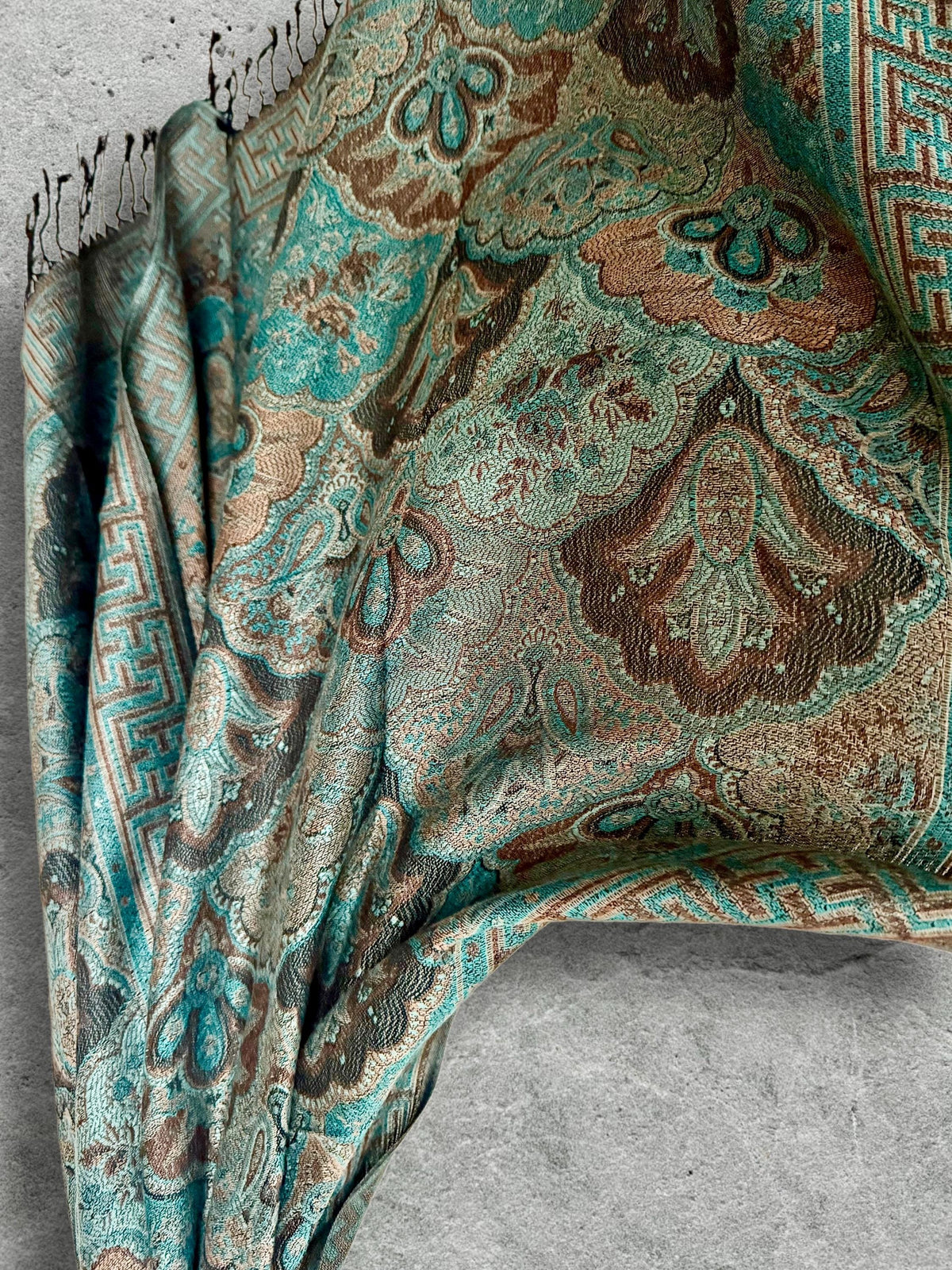 Aqua Brown Damask Autumn Winter Scarf, Cotton Viscose Blend Pashmina Style Wrap with Fringe, Thoughtful Gifts for Her