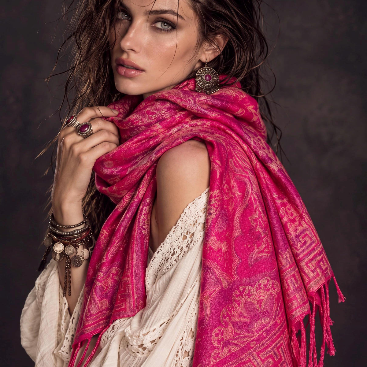 Fuchsia Pink Floral Autumn Winter Scarf, Cotton Viscose Blend Pashmina Style Fringed Women Shawl,Thoughtful Gifts for Her