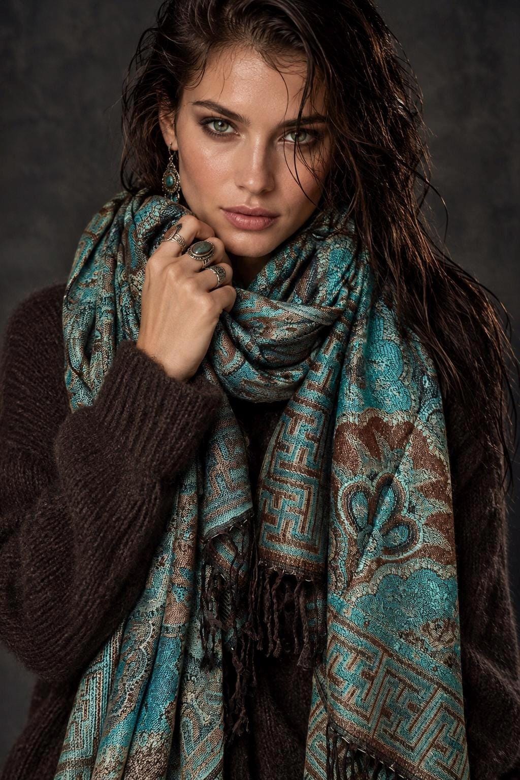 Aqua Brown Damask Autumn Winter Scarf, Cotton Viscose Blend Pashmina Style Wrap with Fringe, Thoughtful Gifts for Her