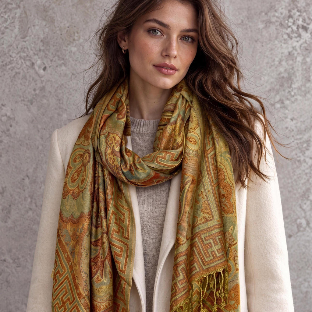 Mustard Olive Autumn Scarf, Damask Florals Cotton Viscose Blend Pashmina Style Fringed Winter Wrap