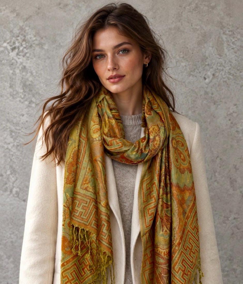 Mustard Olive Autumn Scarf, Damask Florals Cotton Viscose Blend Pashmina Style Fringed Winter Wrap