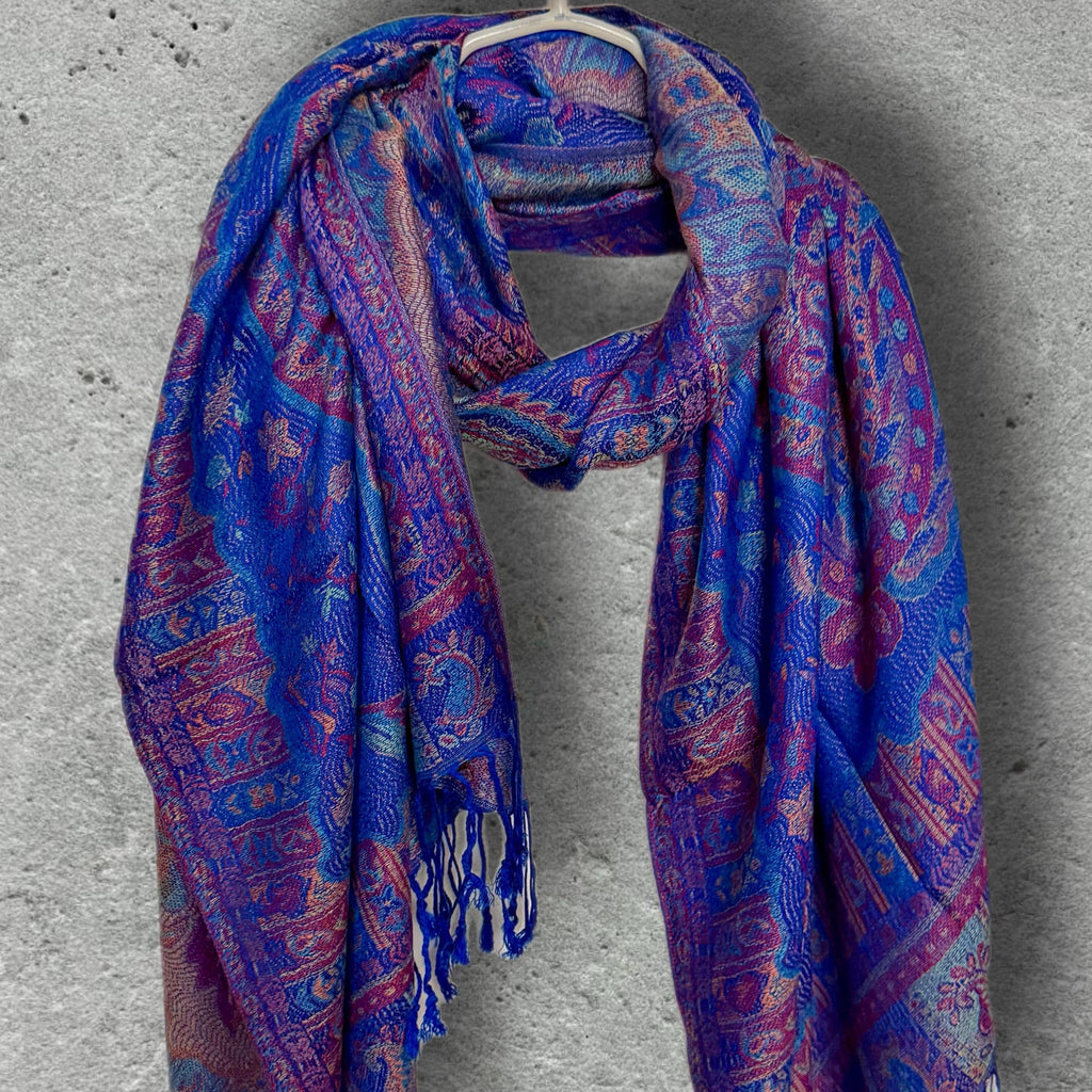 Royal Blue Paisley Autumn Winter Scarf, Cotton Viscose Blend Shawl for Women, Thoughtful Gifts for Her