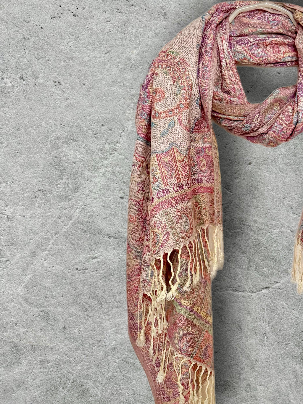 Cream Paisley Autumn Winter Scarf, Blush Pink Floral Cotton Viscose Shawl with Fringe for Women, Ideal Gifts for Her