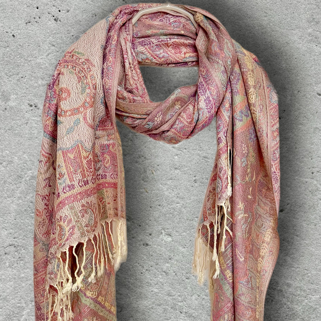 Cream Paisley Autumn Winter Scarf, Blush Pink Floral Cotton Viscose Shawl with Fringe for Women, Ideal Gifts for Her