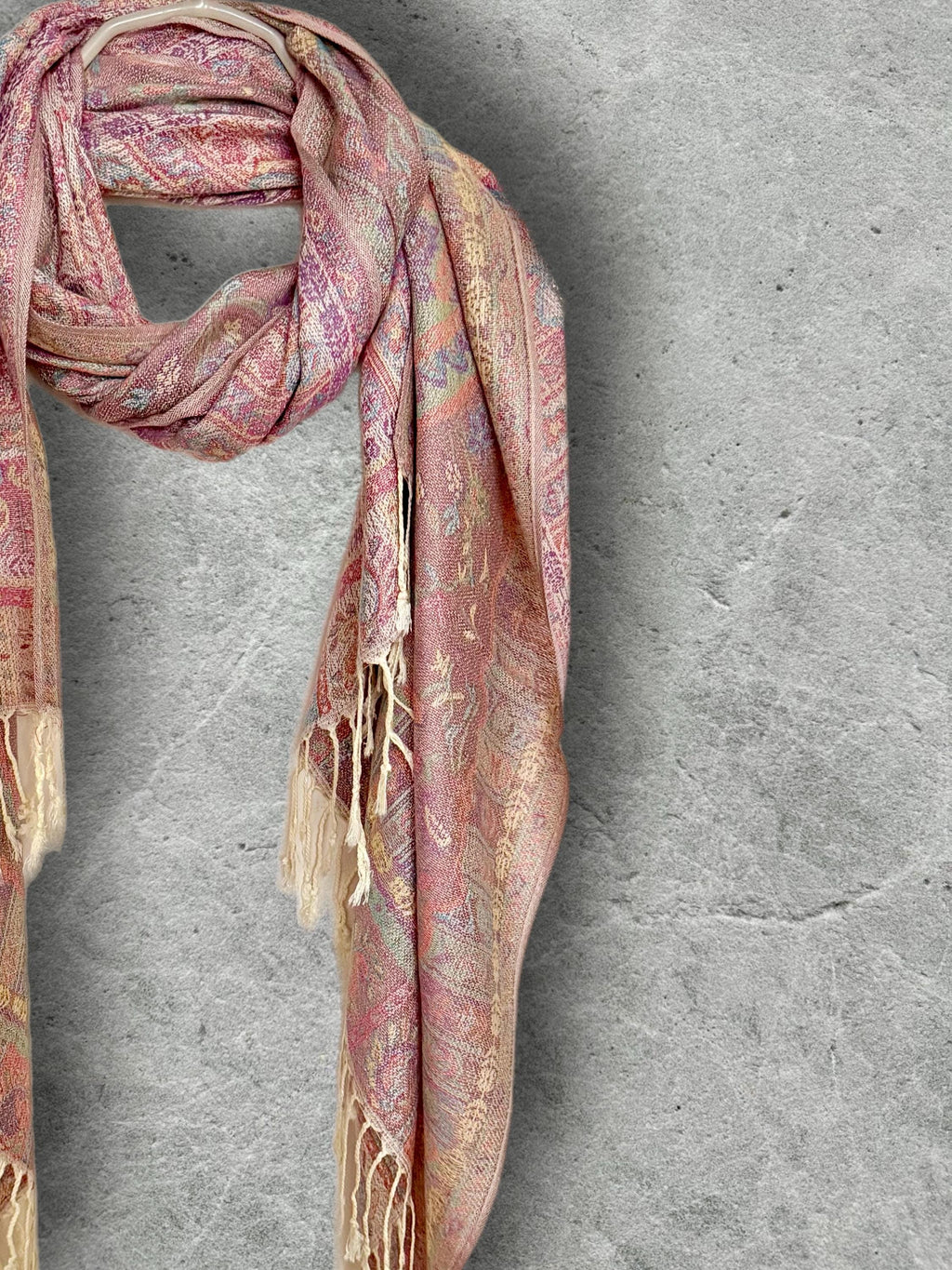 Cream Paisley Autumn Winter Scarf, Blush Pink Floral Cotton Viscose Shawl with Fringe for Women, Ideal Gifts for Her