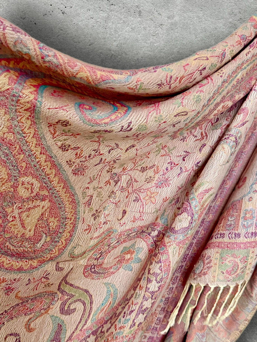 Cream Paisley Autumn Winter Scarf, Blush Pink Floral Cotton Viscose Shawl with Fringe for Women, Ideal Gifts for Her