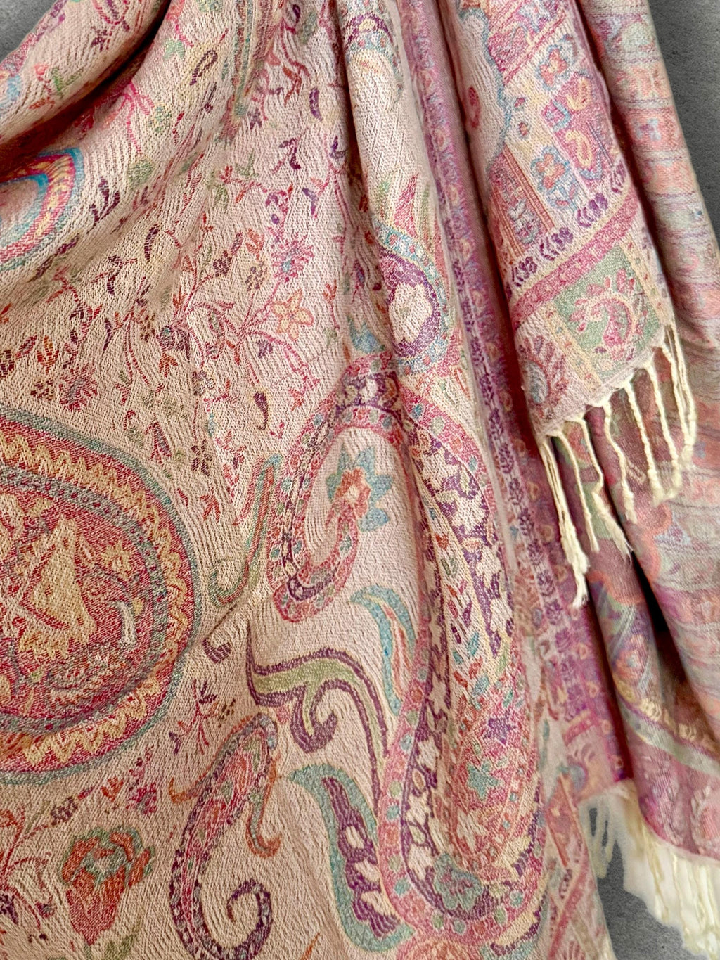 Cream Paisley Autumn Winter Scarf, Blush Pink Floral Cotton Viscose Shawl with Fringe for Women, Ideal Gifts for Her