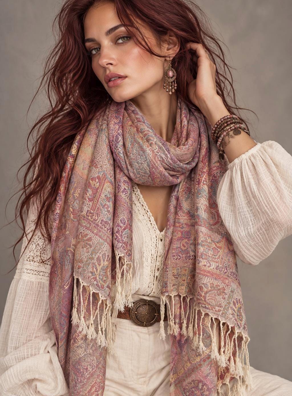 Cream Paisley Autumn Winter Scarf, Blush Pink Floral Cotton Viscose Shawl with Fringe for Women, Ideal Gifts for Her