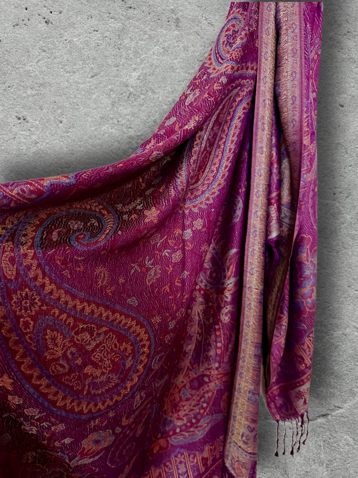 Magenta Paisley Scarf, Plum Floral Autumn Shawl in Cotton Viscose Blend with Fringed Edges, Ideal Gifts for Her