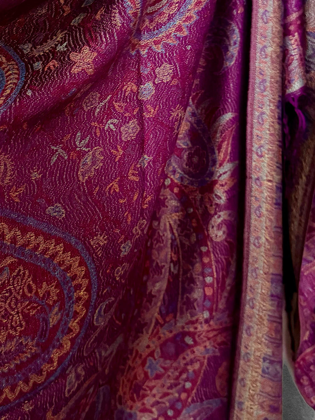 Magenta Paisley Scarf, Plum Floral Autumn Shawl in Cotton Viscose Blend with Fringed Edges, Ideal Gifts for Her