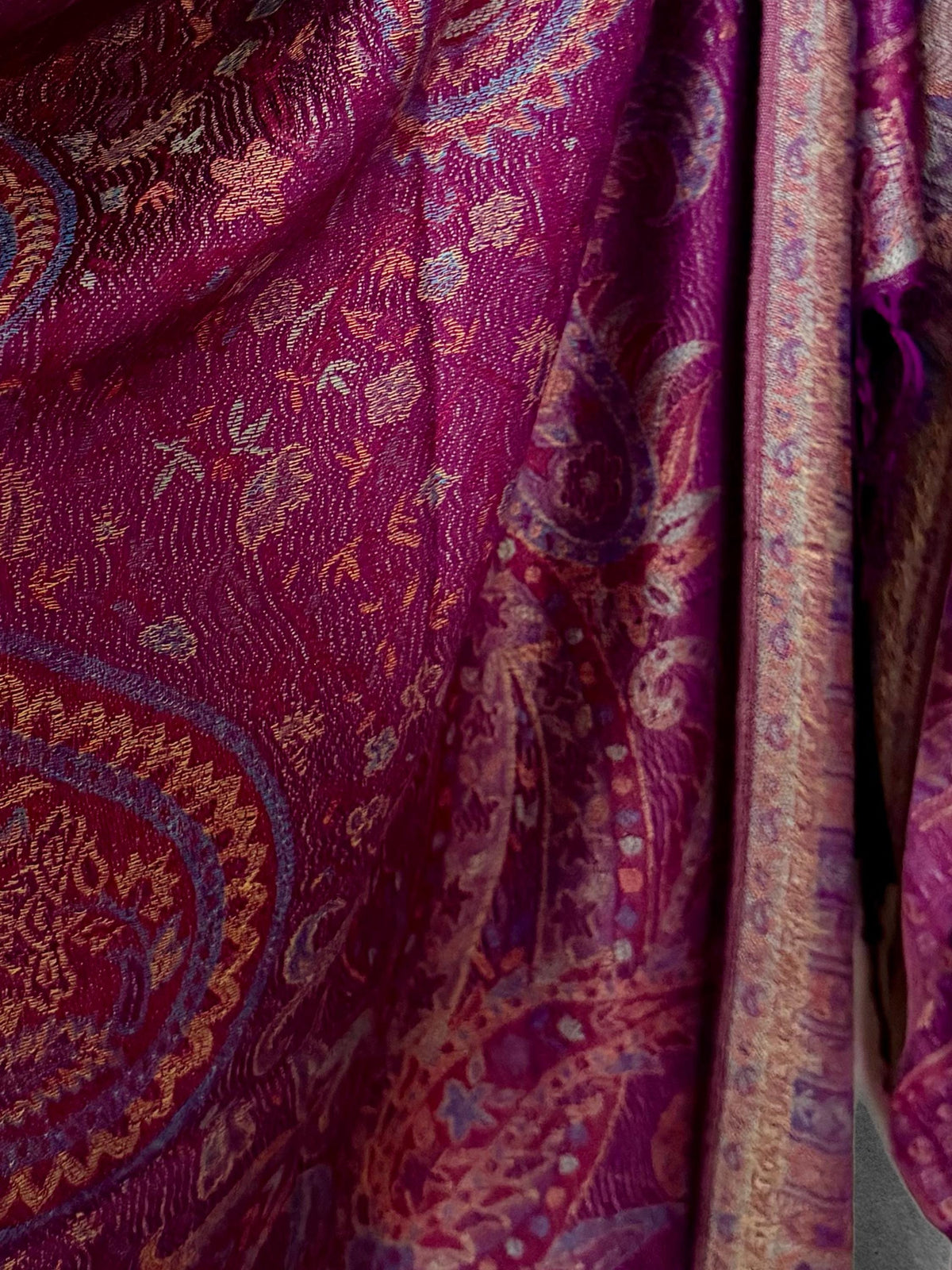 Magenta Paisley Scarf, Plum Floral Autumn Shawl in Cotton Viscose Blend with Fringed Edges, Ideal Gifts for Her