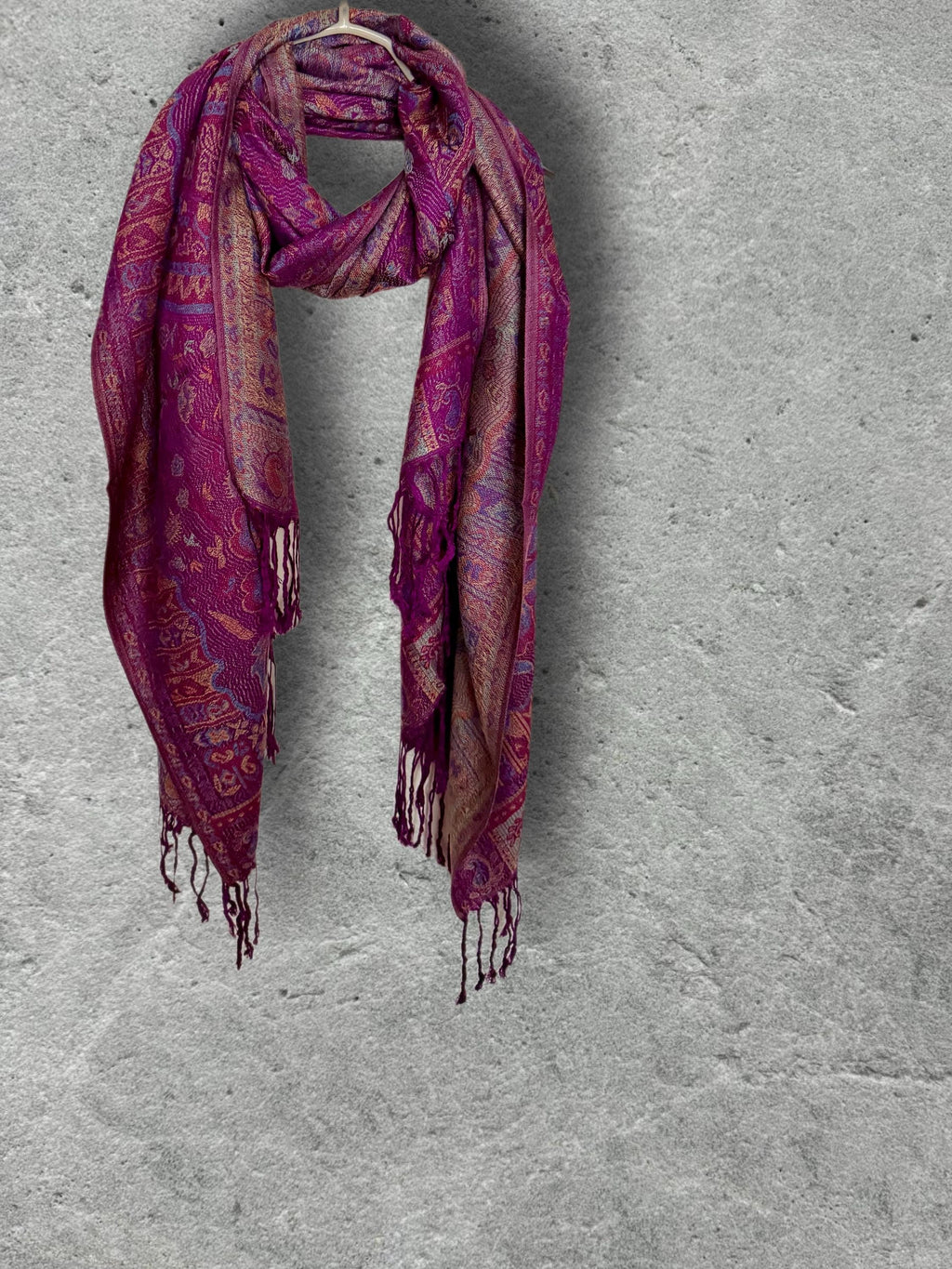 Magenta Paisley Scarf, Plum Floral Autumn Shawl in Cotton Viscose Blend with Fringed Edges, Ideal Gifts for Her