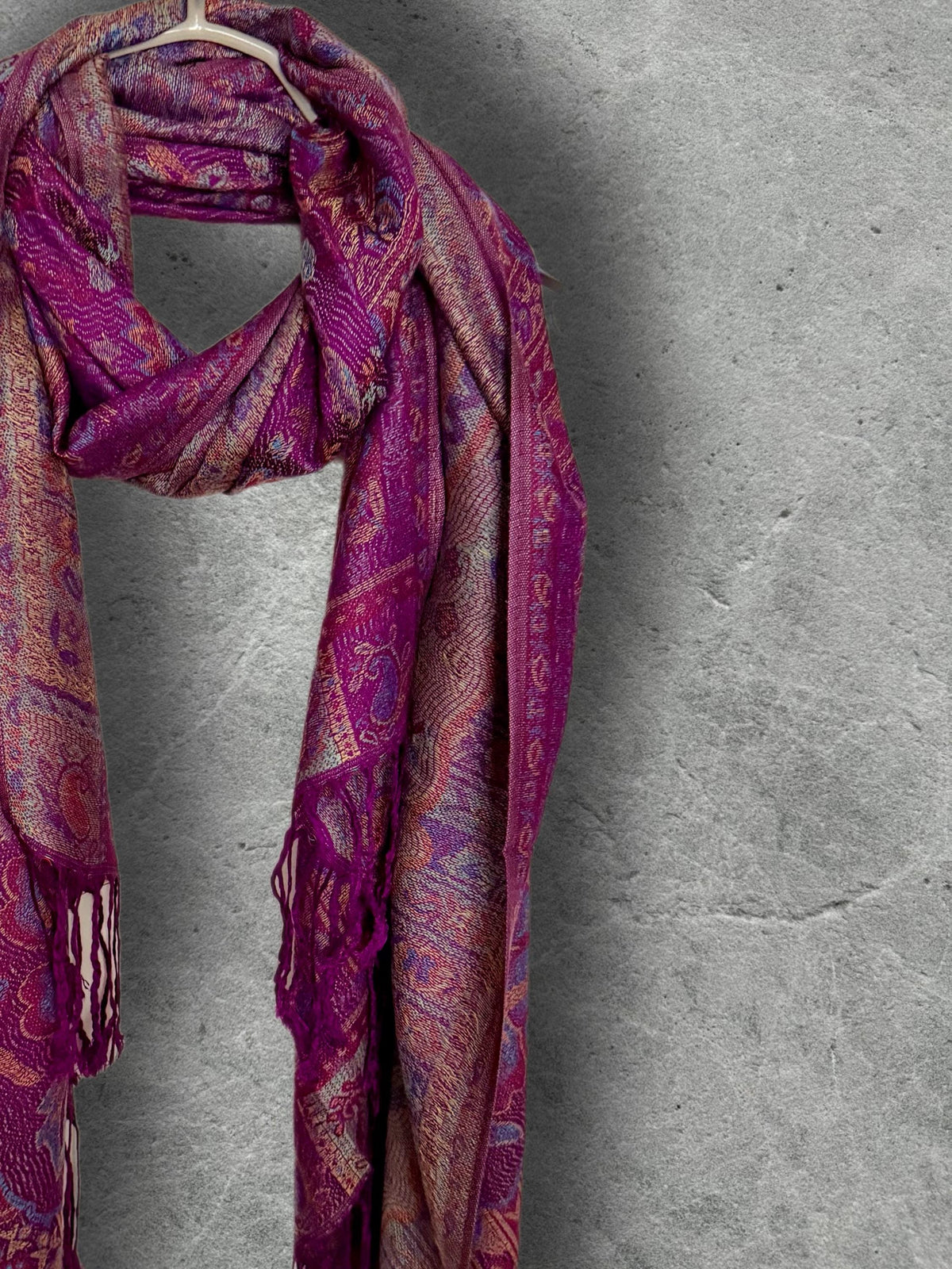 Magenta Paisley Scarf, Plum Floral Autumn Shawl in Cotton Viscose Blend with Fringed Edges, Ideal Gifts for Her