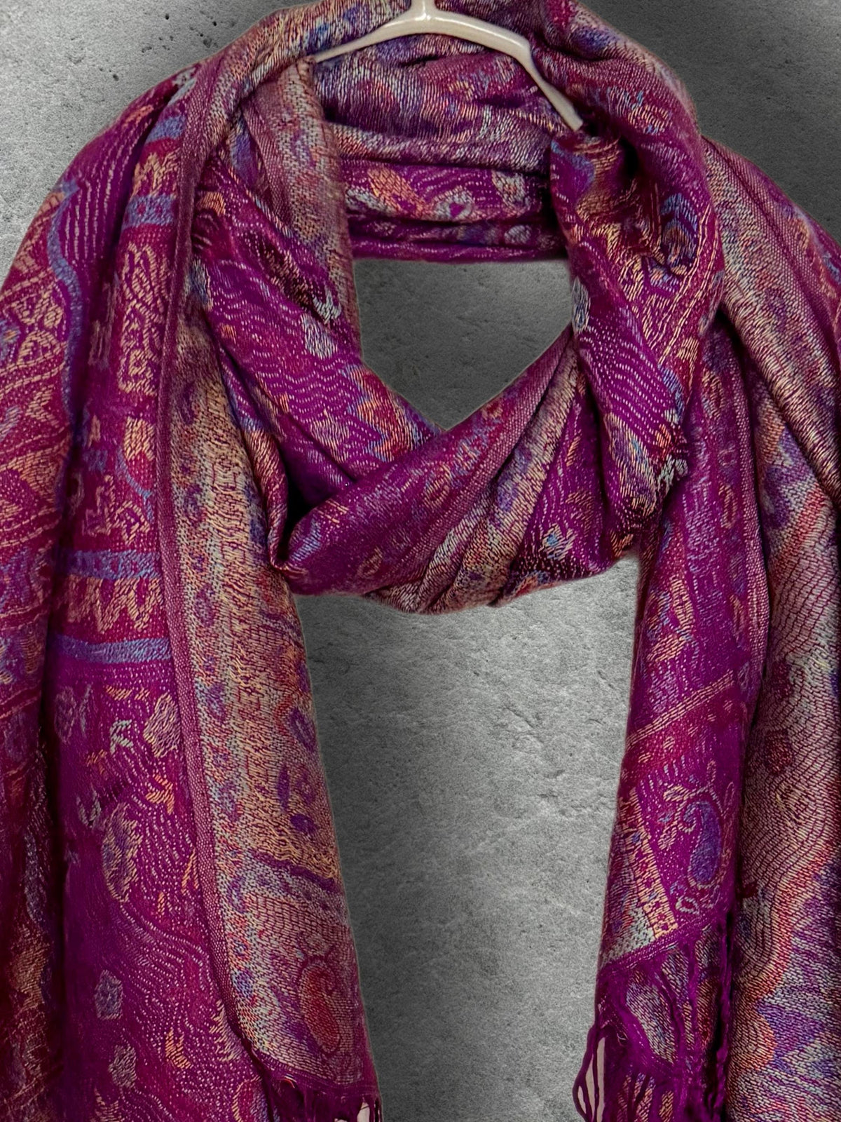 Magenta Paisley Scarf, Plum Floral Autumn Shawl in Cotton Viscose Blend with Fringed Edges, Ideal Gifts for Her
