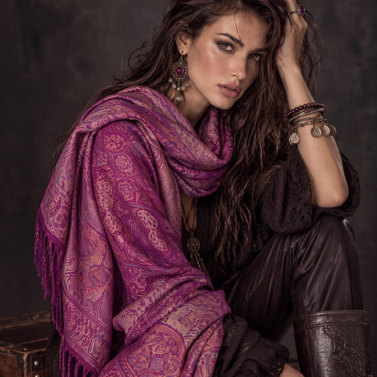 Magenta Paisley Scarf, Plum Floral Autumn Shawl in Cotton Viscose Blend with Fringed Edges, Ideal Gifts for Her