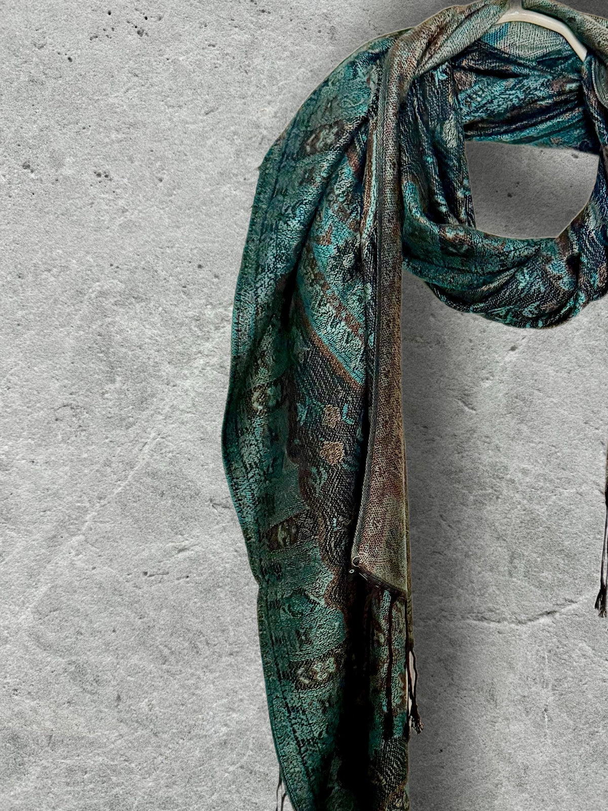 Dark Teal Green and Black Paisley Autumn Winter Scarf, Floral Shawl with Beige Details, Cotton Viscose Blend Wrap for Women