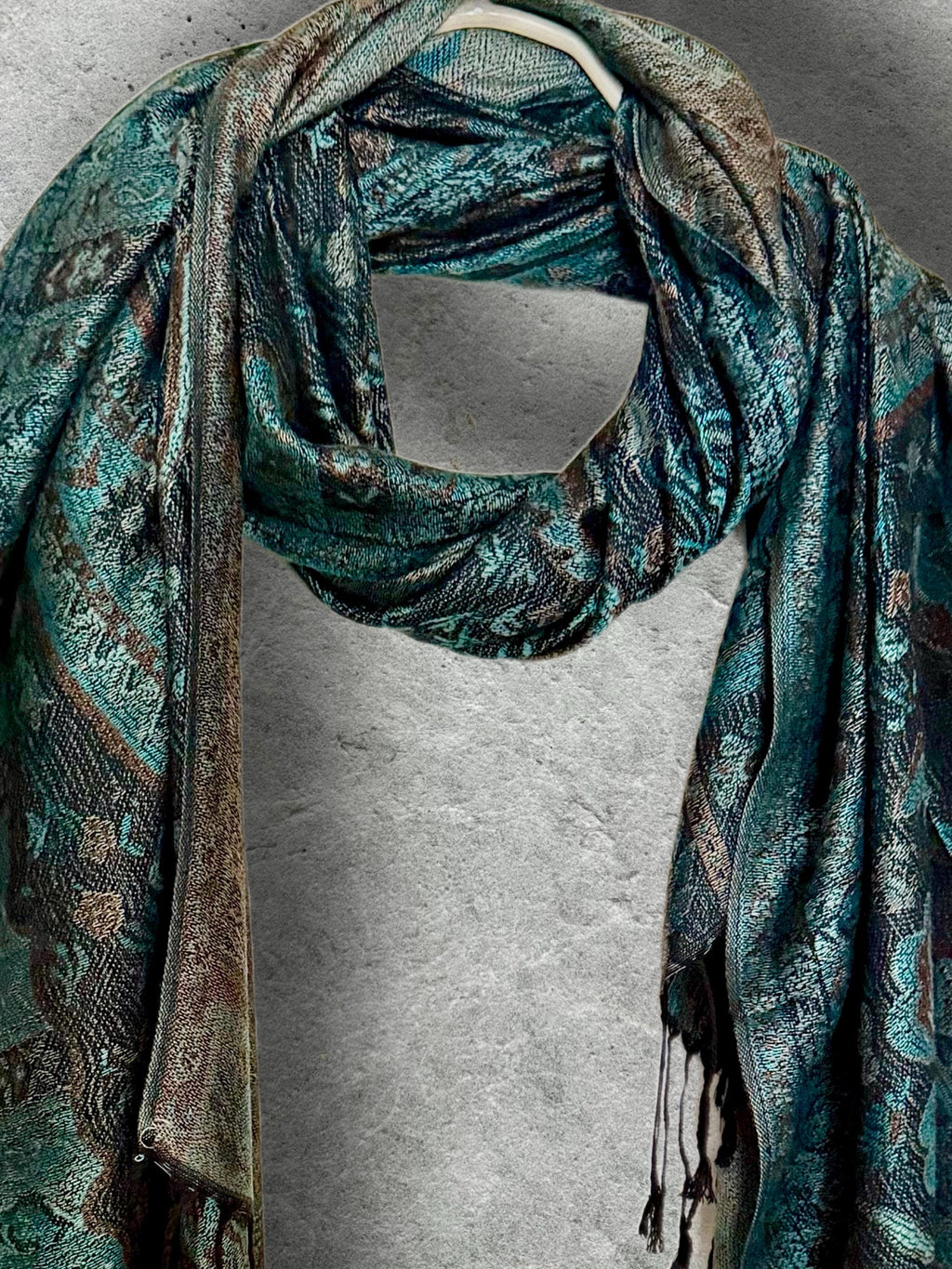 Dark Teal Green and Black Paisley Autumn Winter Scarf, Floral Shawl with Beige Details, Cotton Viscose Blend Wrap for Women