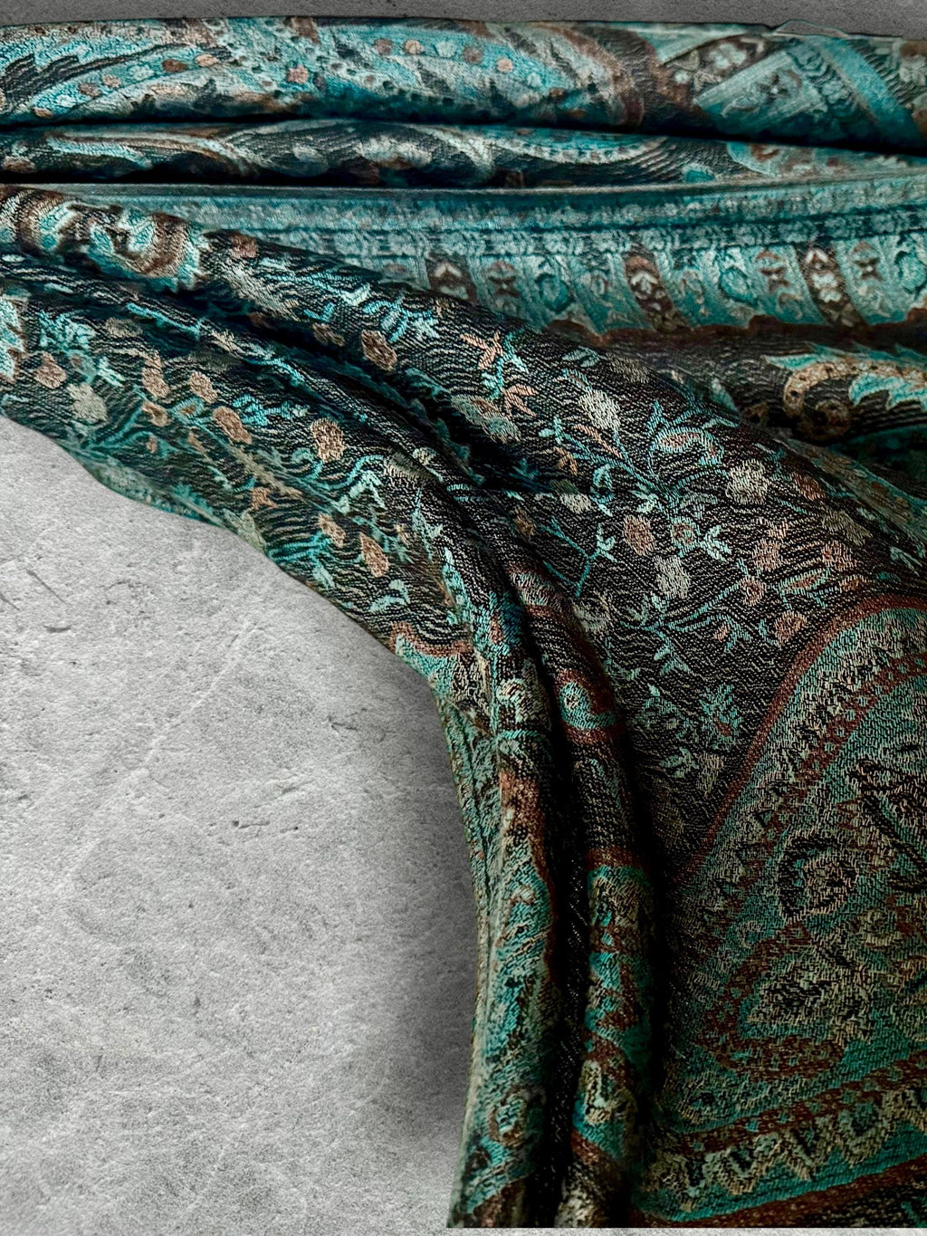 Dark Teal Green and Black Paisley Autumn Winter Scarf, Floral Shawl with Beige Details, Cotton Viscose Blend Wrap for Women