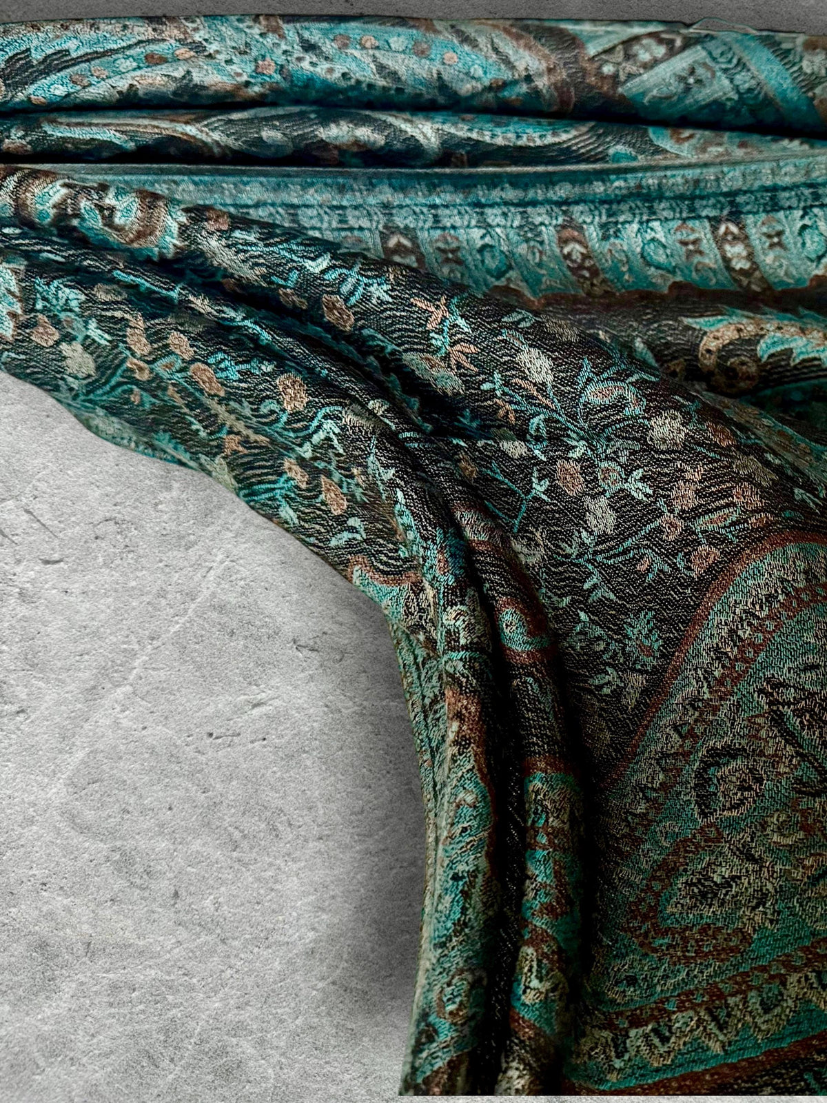 Dark Teal Green and Black Paisley Autumn Winter Scarf, Floral Shawl with Beige Details, Cotton Viscose Blend Wrap for Women