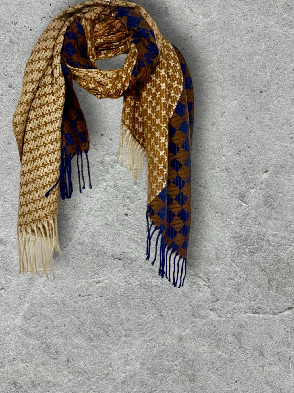 Camel Beige Oversized Scarf for Women,Heritage Mosaic Winter Wrap,Ultra Soft Neutral Geometric Shawl,Cosy Navy Cream Gift for Her