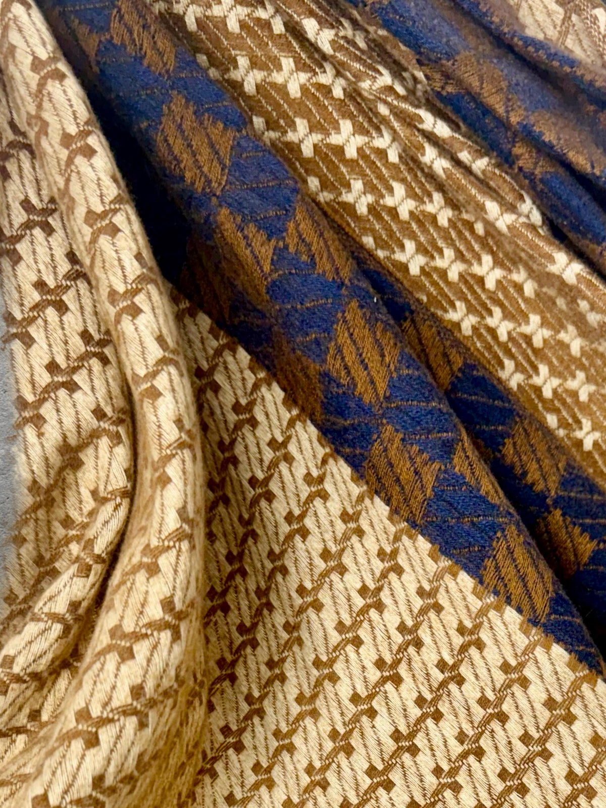 Camel Beige Oversized Scarf for Women,Heritage Mosaic Winter Wrap,Ultra Soft Neutral Geometric Shawl,Cosy Navy Cream Gift for Her