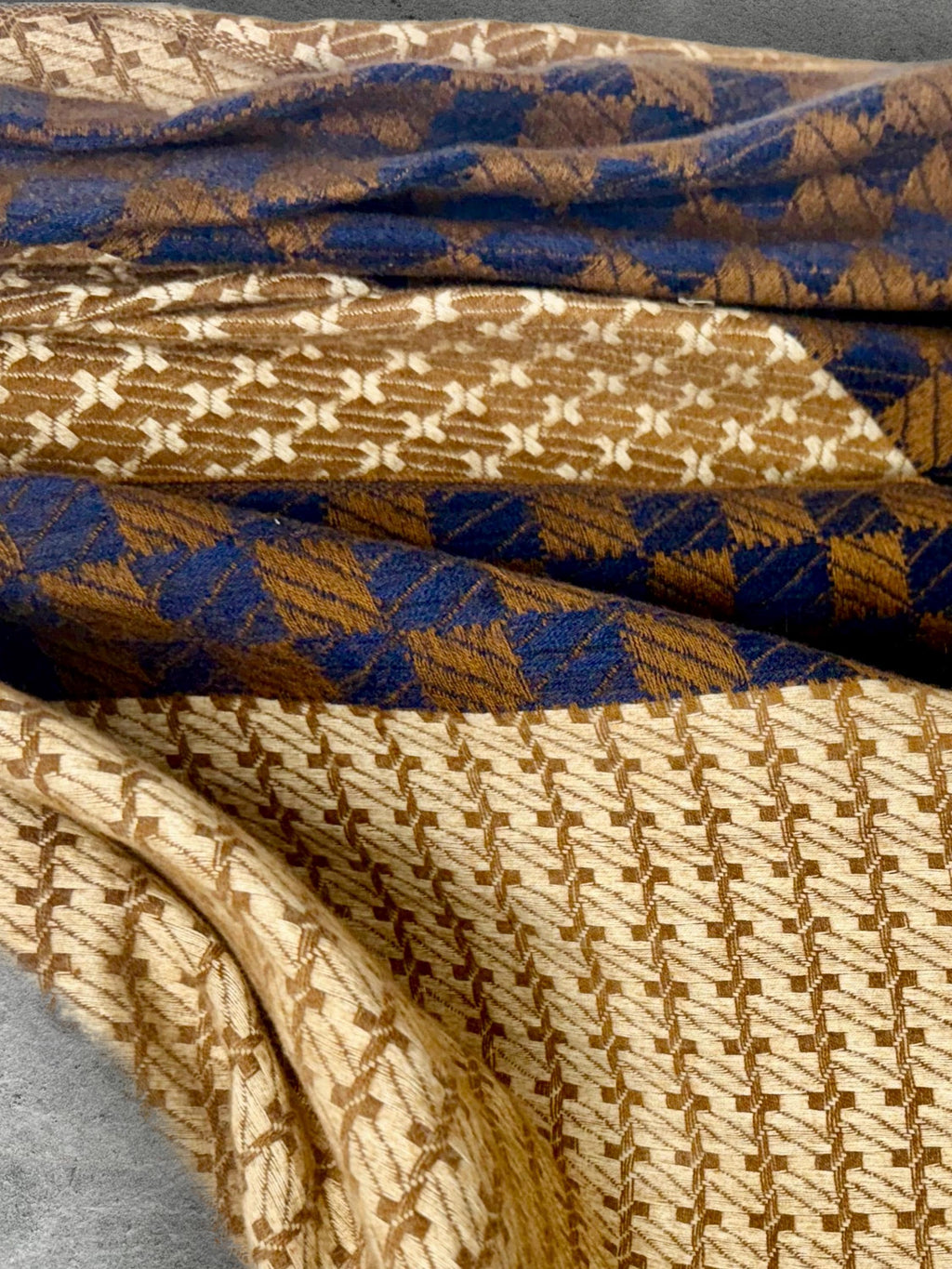 Camel Beige Oversized Scarf for Women,Heritage Mosaic Winter Wrap,Ultra Soft Neutral Geometric Shawl,Cosy Navy Cream Gift for Her