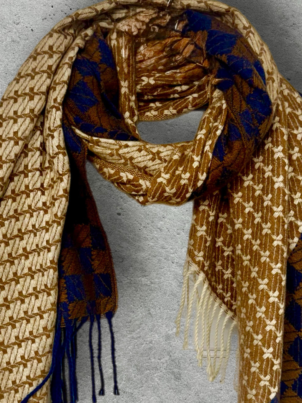 Camel Beige Oversized Scarf for Women,Heritage Mosaic Winter Wrap,Ultra Soft Neutral Geometric Shawl,Cosy Navy Cream Gift for Her