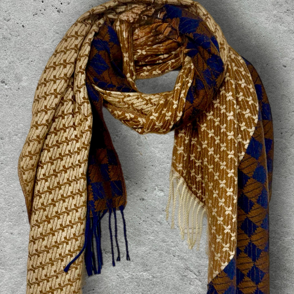 Camel Beige Oversized Scarf for Women,Heritage Mosaic Winter Wrap,Ultra Soft Neutral Geometric Shawl,Cosy Navy Cream Gift for Her