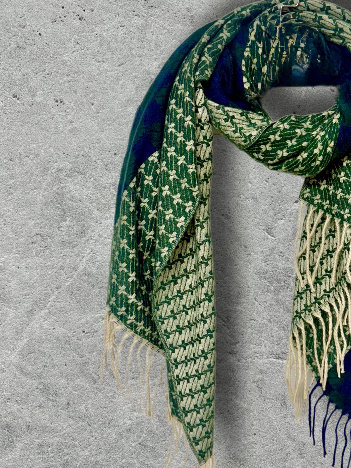 Forest Green Geometric Winter Scarf,Heritage Mosaic Ultra Soft Shawl,Oversized Blue Green Wrap for Women,Cosy Gift for Her