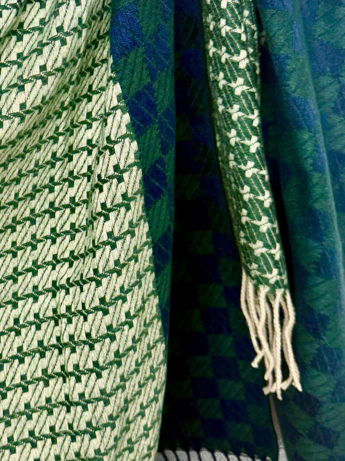 Forest Green Geometric Winter Scarf,Heritage Mosaic Ultra Soft Shawl,Oversized Blue Green Wrap for Women,Cosy Gift for Her