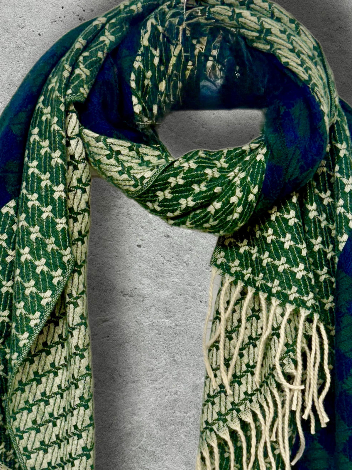 Forest Green Geometric Winter Scarf,Heritage Mosaic Ultra Soft Shawl,Oversized Blue Green Wrap for Women,Cosy Gift for Her