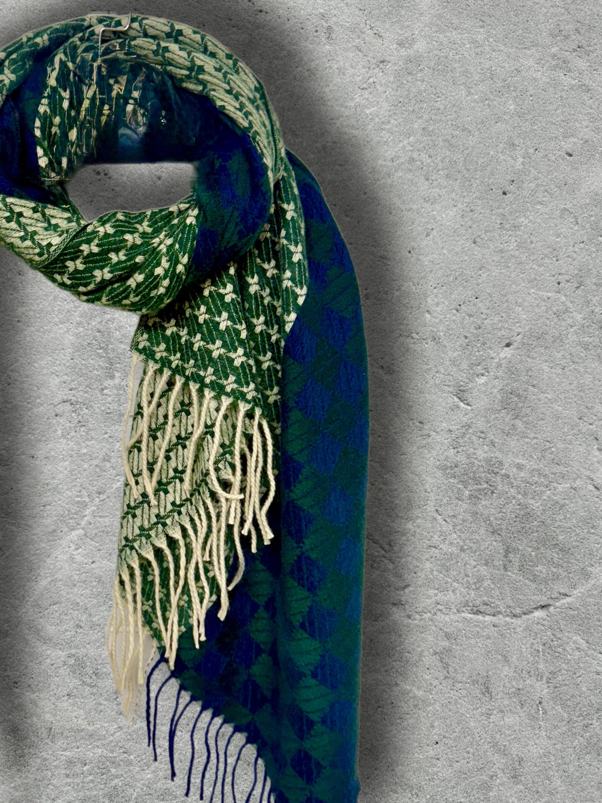 Forest Green Geometric Winter Scarf,Heritage Mosaic Ultra Soft Shawl,Oversized Blue Green Wrap for Women,Cosy Gift for Her