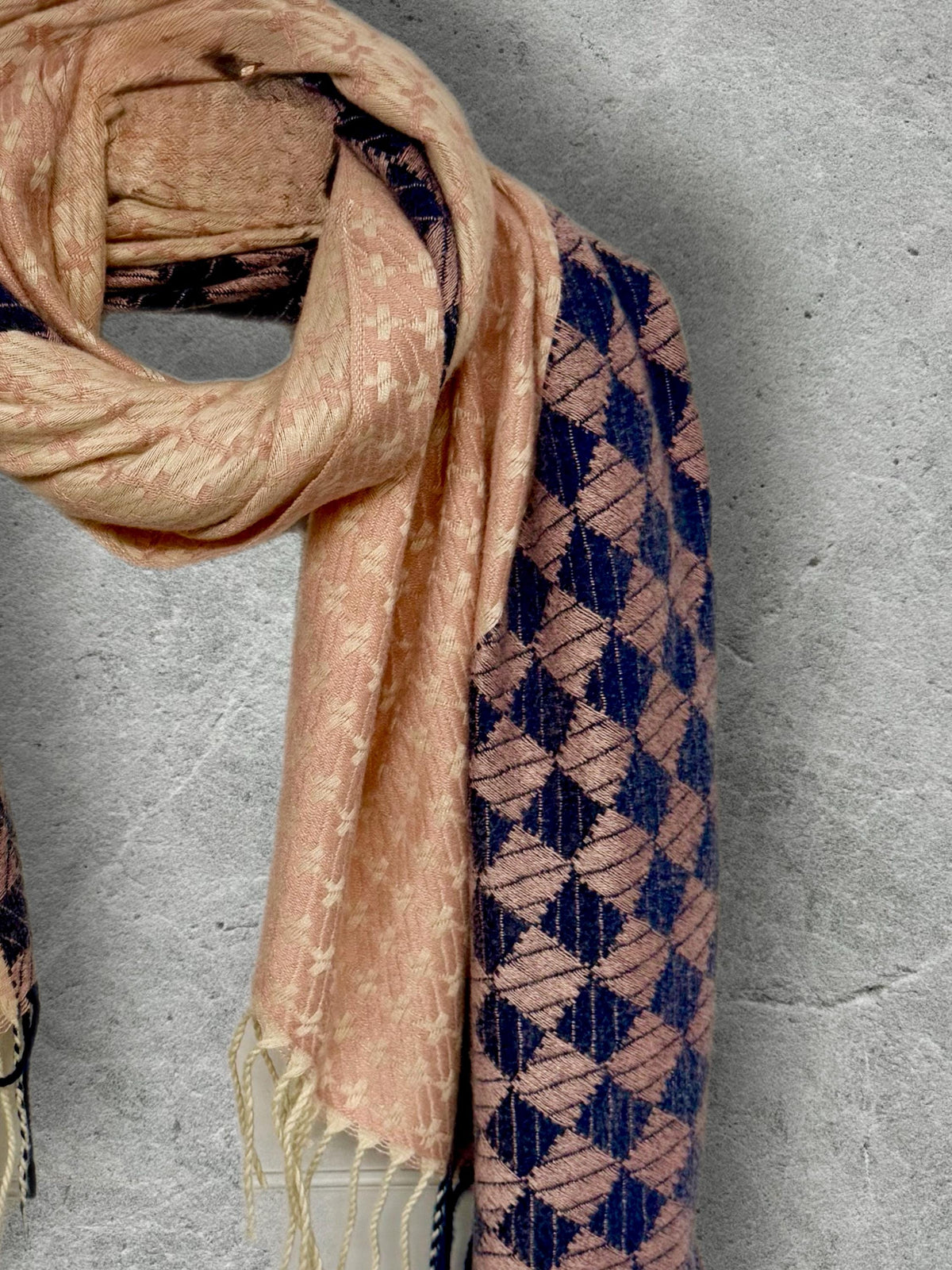 Blush Pink Ultra Soft Winter Scarf,Heritage Mosaic Geometric Wrap,Cream Navy Patterned Shawl for Women,Cosy Gift for Her