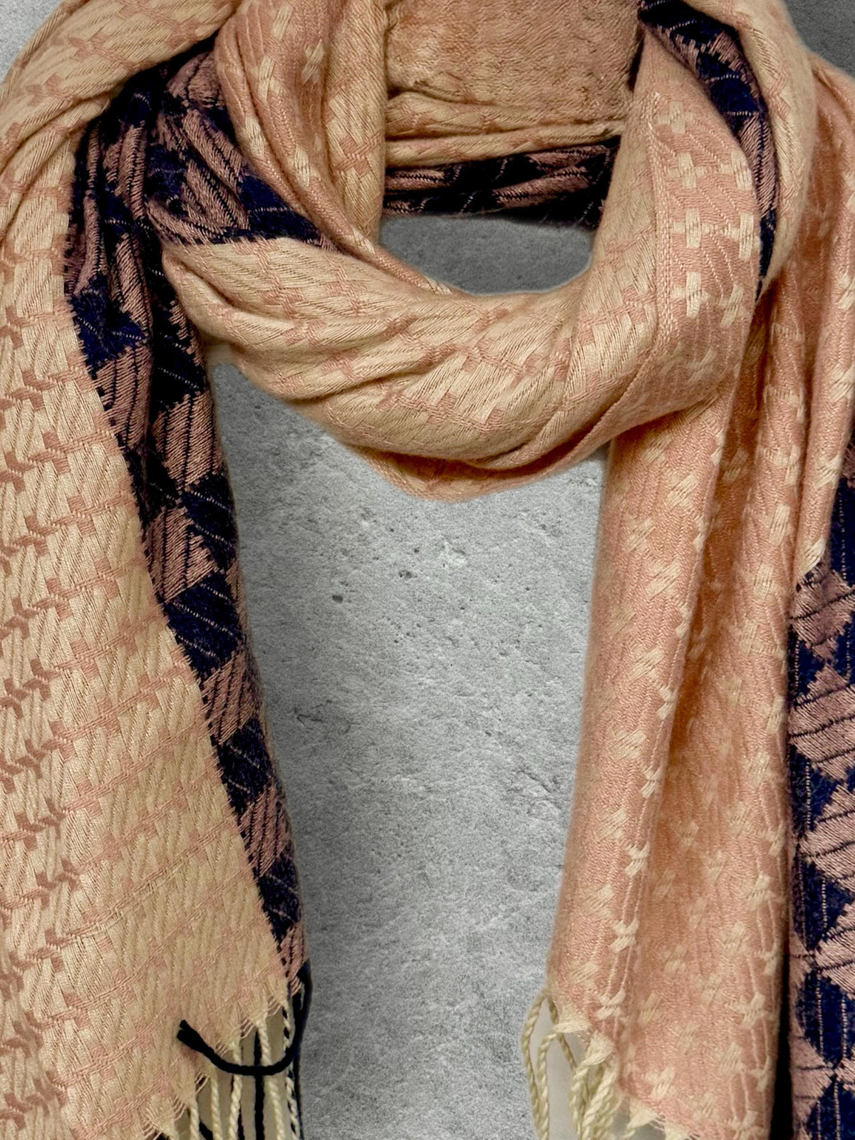Blush Pink Ultra Soft Winter Scarf,Heritage Mosaic Geometric Wrap,Cream Navy Patterned Shawl for Women,Cosy Gift for Her