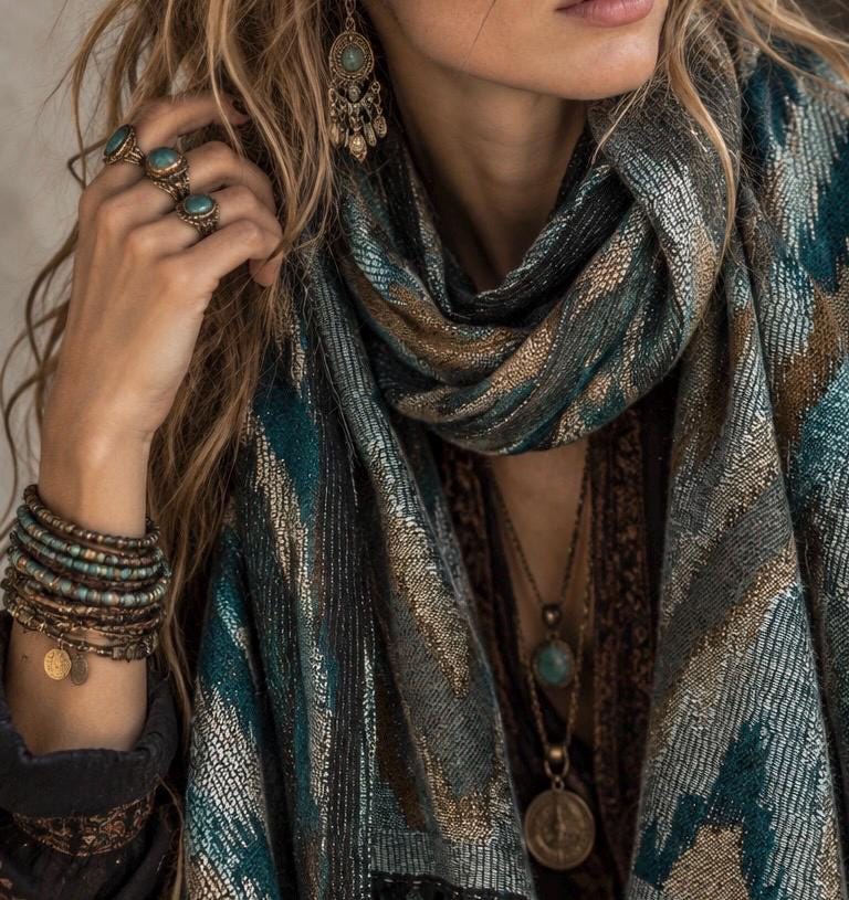 Teal Blue Abstract Winter Scarf, Ultra Soft Shawl, Warm Bohemian Zigzag Pattern Wrap for Women, Unique Christmas Gift for Her