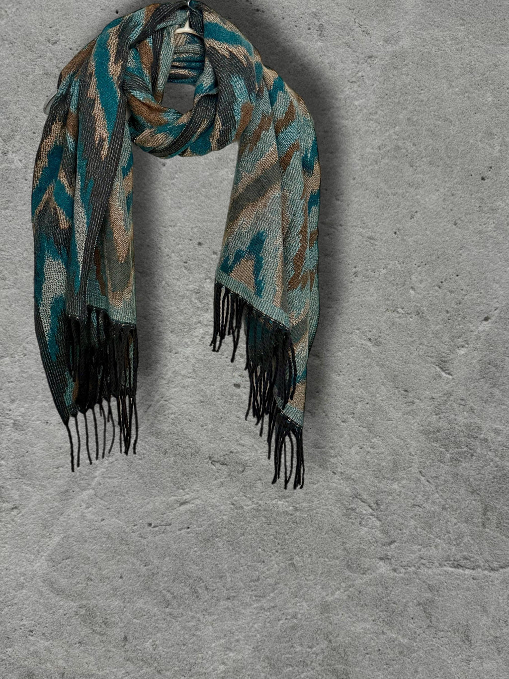 Teal Blue Abstract Winter Scarf, Ultra Soft Shawl, Warm Bohemian Zigzag Pattern Wrap for Women, Unique Christmas Gift for Her