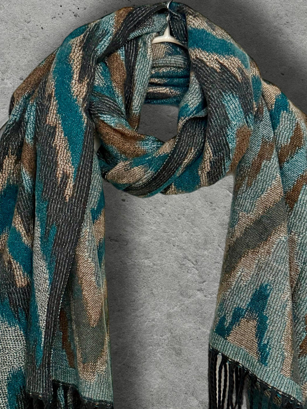 Teal Blue Abstract Winter Scarf, Ultra Soft Shawl, Warm Bohemian Zigzag Pattern Wrap for Women, Unique Christmas Gift for Her