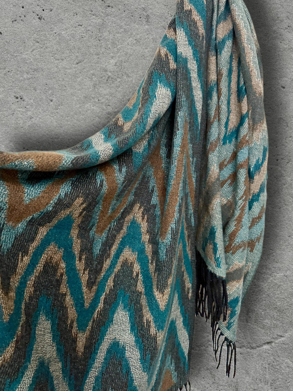 Teal Blue Abstract Winter Scarf, Ultra Soft Shawl, Warm Bohemian Zigzag Pattern Wrap for Women, Unique Christmas Gift for Her