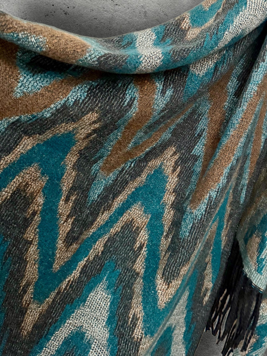 Teal Blue Abstract Winter Scarf, Ultra Soft Shawl, Warm Bohemian Zigzag Pattern Wrap for Women, Unique Christmas Gift for Her