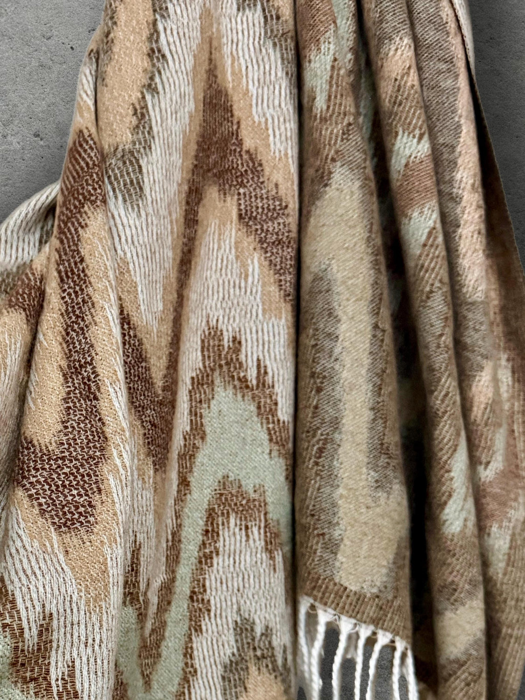 Beige Sage Green Winter Scarf, Neutral Abstract Shawl, Ultra Soft Boho Zigzag Pattern Wrap, Elegant Gift for Women