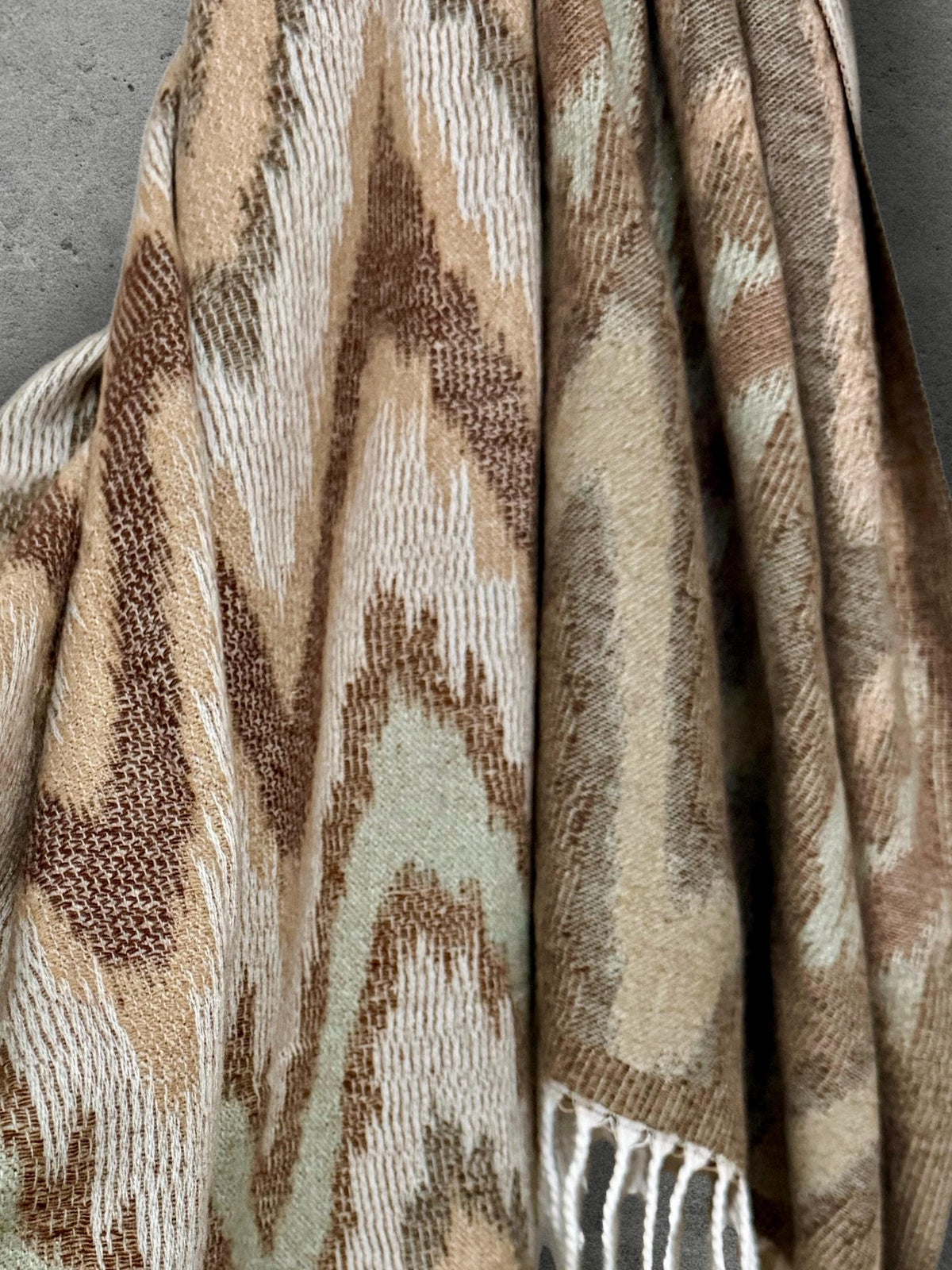 Beige Sage Green Winter Scarf, Neutral Abstract Shawl, Ultra Soft Boho Zigzag Pattern Wrap, Elegant Gift for Women