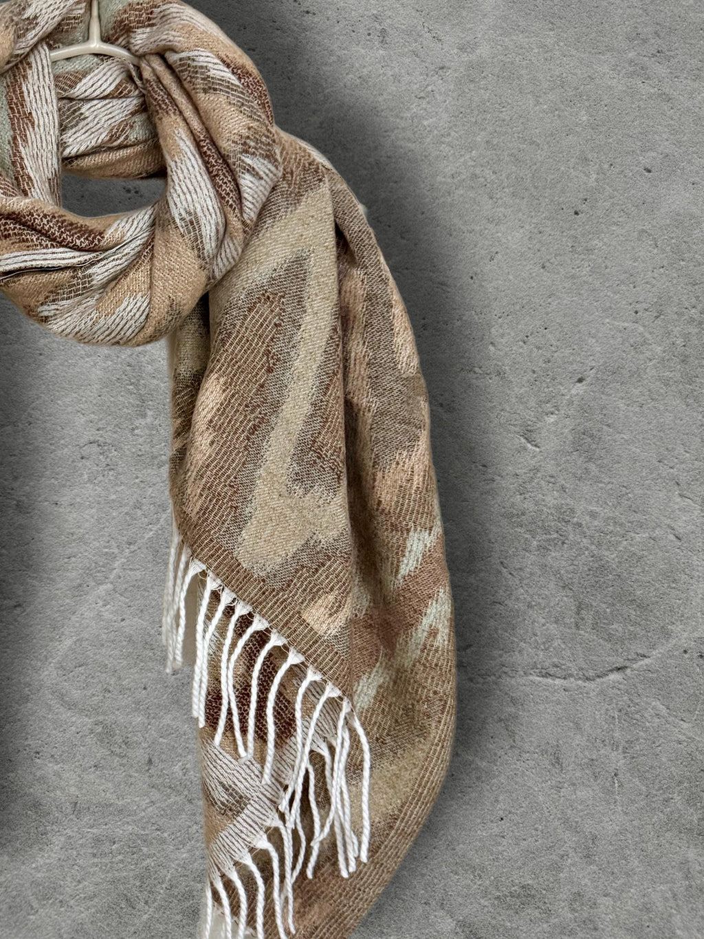 Beige Sage Green Winter Scarf, Neutral Abstract Shawl, Ultra Soft Boho Zigzag Pattern Wrap, Elegant Gift for Women